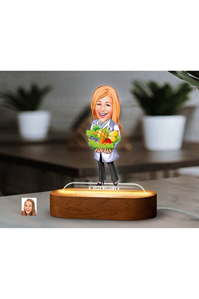 Bk Gift Kişiye Özel Diyetisyen Karikatürlü Dekoratif 3D Biblo LED Işıklı Gece...