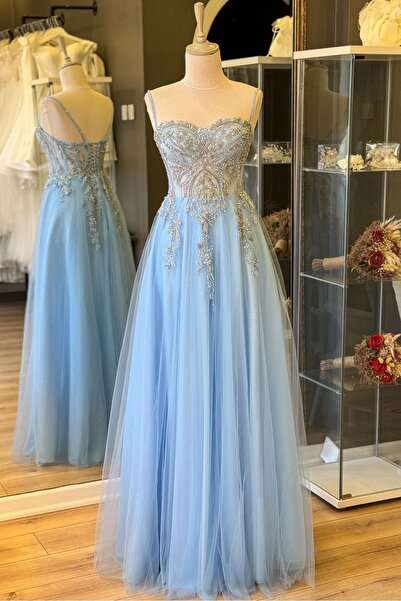 Lenta Moda Buz Mavi Simli Dantel Kaplama Maxi Boy Abiye Ve Nişan Elbisesi