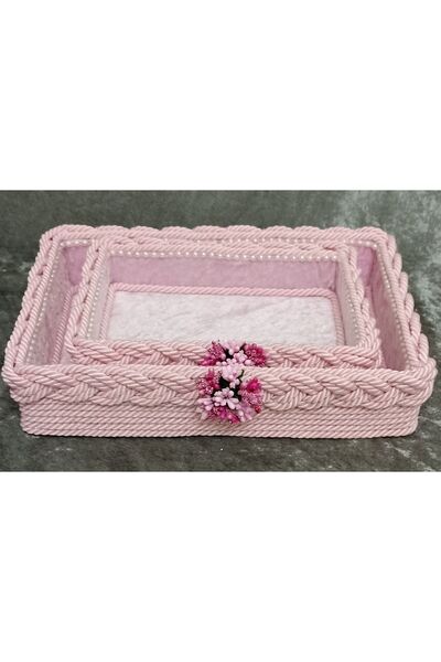 FNT Rectangular Knitted 2 Piece Basket Gift Bundle Dowry Organizer Towel Holder