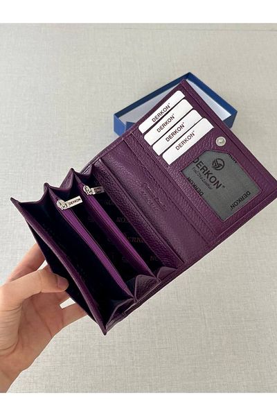 DERKON Mendy Model Useful Genuine Leather Medium Size Women's Wallet Purple Color