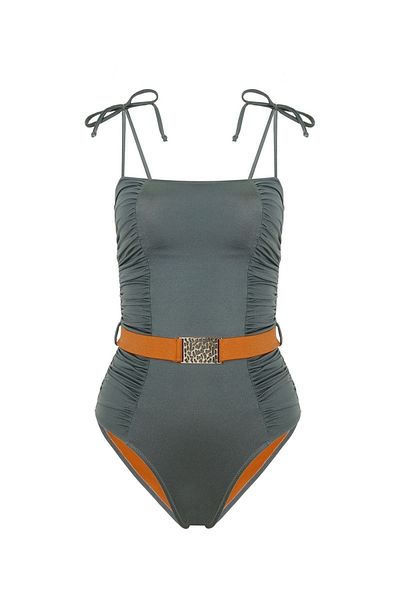 AQUELLA Strapless Gathered Khaki Swimsuit