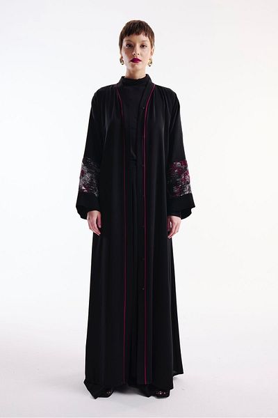 Nuum Design Burgundy Ribbed Brocade Sleeve Abaya