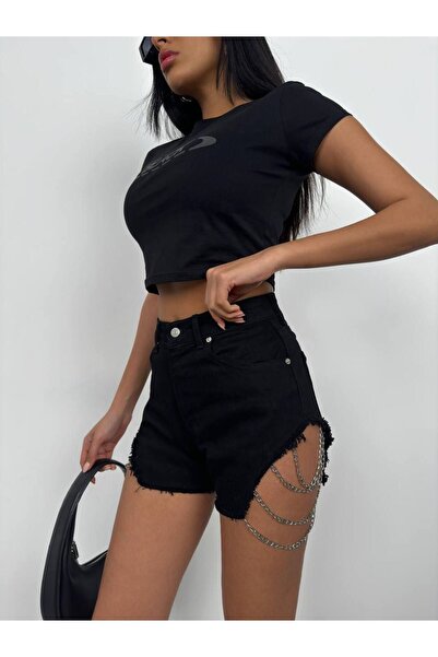 LB Laluna Butik High Waist and Chain Detailed Tasseled Women's Denim Shorts