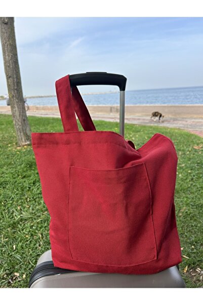 Sumicorn Design Soft Kırmızı Çevre Dostu Bez Çanta,Cepli Keten Kol Ve Omuz Çantası Alışveriş Çantası