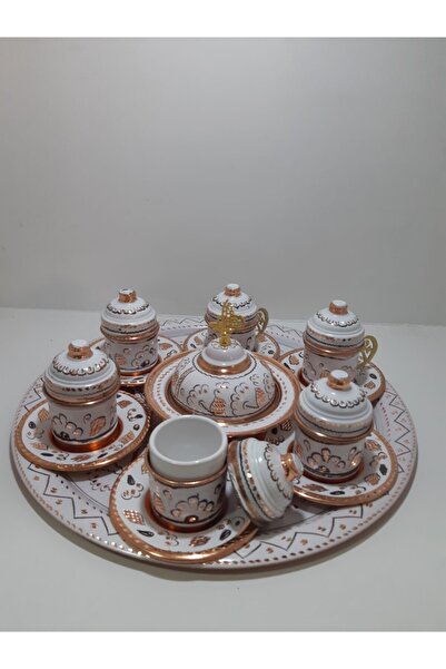 Burcu Bakır Bakır 6 El Işi Beyaz Kahve Takımı