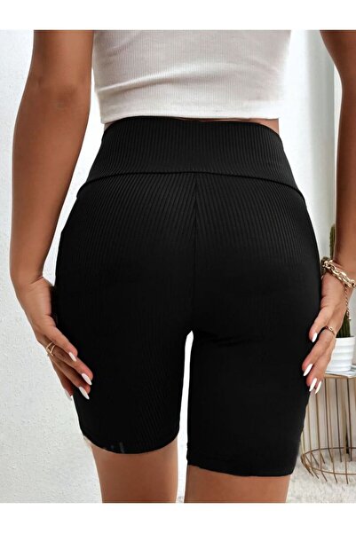 LEMAR MODA Kadın Siyah Yüksek Bel Pamuklu Esnekli Fitilli Penye Kumaş Kısa Spor Tayt Spor Şort Tayt 2024