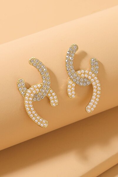 PSGT K53 Incili Ve Beyaz Taşlı Tasarım Altın Renk Küpe | Kadınlar Yeni Trend