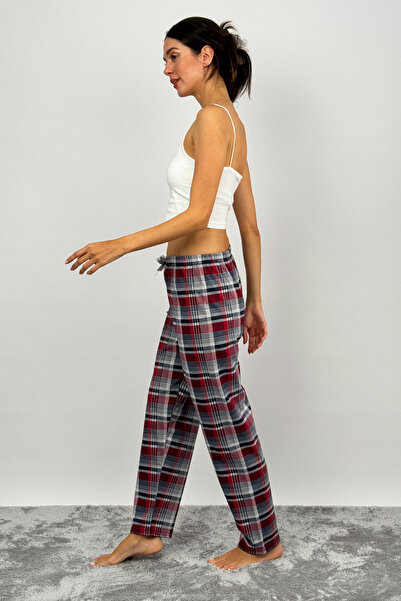 Betimoda Pantaloni de trening pentru femei, din bumbac, în carouri, cu modele de pijama, cu panglică, gri Claret Red
