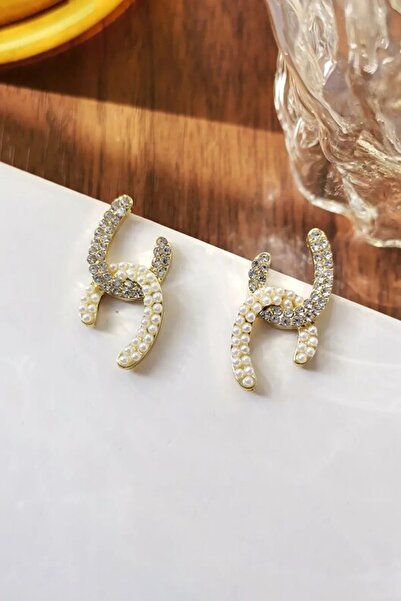 PSGT K53 Incili Ve Beyaz Taşlı Tasarım Altın Renk Küpe | Kadınlar Yeni Trend