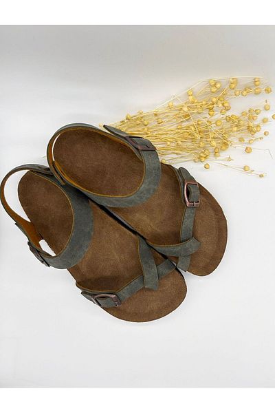 MAGGIO Sandale de damă kaki - Flip Flops, cataramă dublă, talpă ortopedică din nubuc