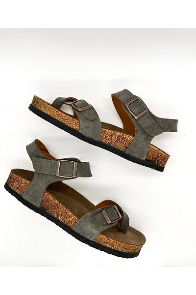 MAGGIO Sandale de damă kaki - Flip Flops, cataramă dublă, talpă ortopedică din nubuc