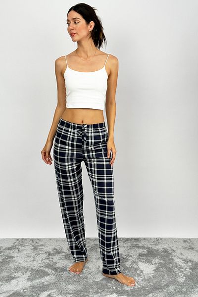 Betimoda Pantaloni de sport de damă din bumbac în carouri cu modele de pijama, albastru bleumarin, alb, carouri cu panglică