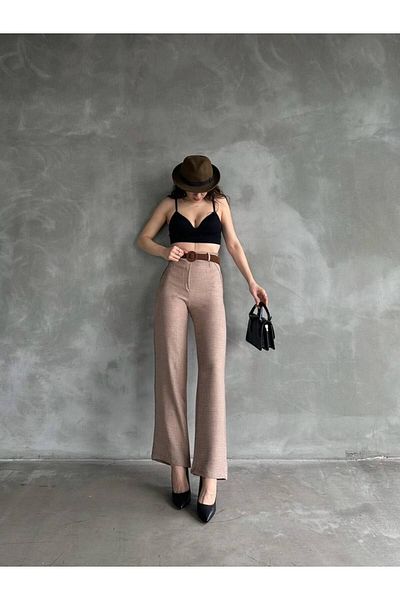 DENİKK Trend Waist Belt Loose Leg Palazzo Linen Pants
