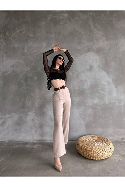 DENİKK Trend Waist Belt Loose Leg Palazzo Linen Pants