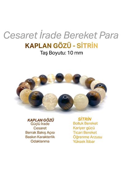 OSMANLI DEĞERLİ TAŞ Citrine 10mm Natural Stone Tiger Eye Bracelet