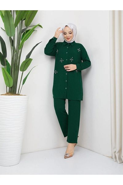 MÇmoda Linen Stoned Buttoned Collared Women's Hijab Set