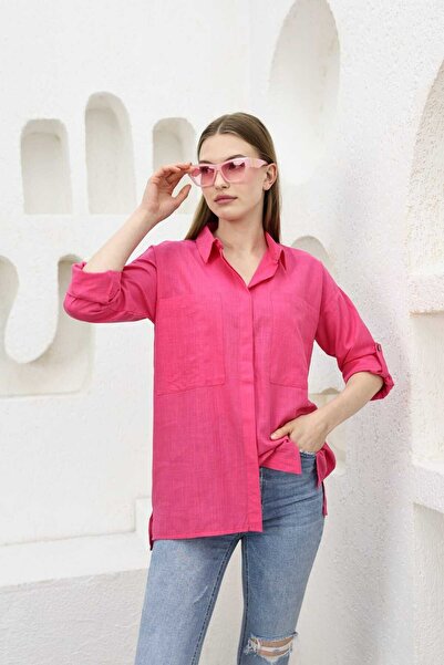 SHİROSA قميص نسائي من الكتان الفوشيا - أكمام مطوية