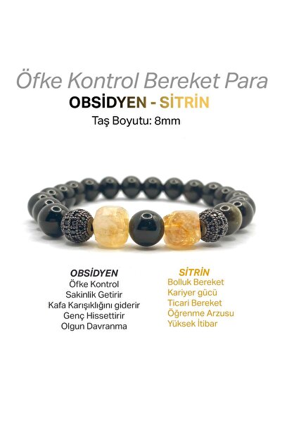 OSMANLI DEĞERLİ TAŞ Orijinal Hakiki Sitrin - Obsidyen Siyah Zirkon Doğal Taş Bileklik 8mm