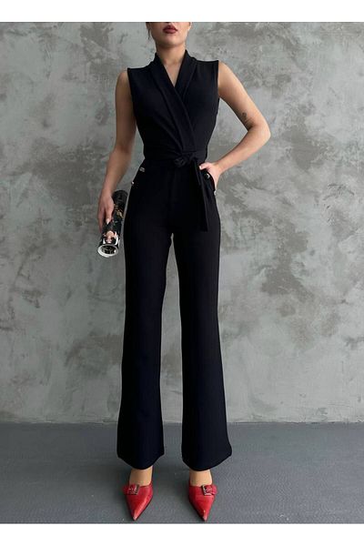 MsLena Butik Double Breasted Collar Button Detailed Belted Interlock Fabric Lycra Women's Jumpsuit Black Mi390-12133