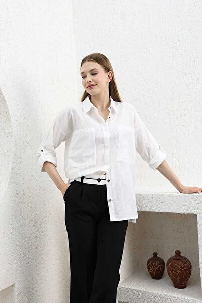 SHİROSA Kadın Kol Katlamalı Keten Gömlek Beyaz