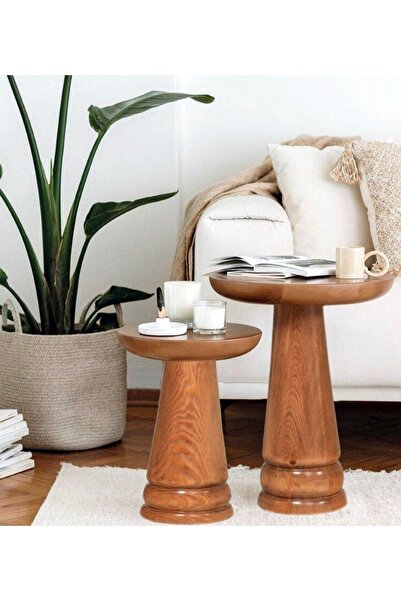 ASELYA HOME Wood 2’li Set Mantar Yan Sehpa Ahşap Çiçeklik Fiskos Orta Sehpa