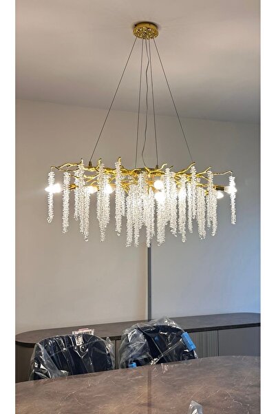 burenze Luxury Exclusive Collection Modern Kristal Taşlı Diamond Pırlanta Gold Sarı Elips Yemek Masası Avize
