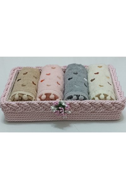FNT Knitted Towel Basket 4 Pieces Cotton Small Towels Gift Bundle Dowry Holder