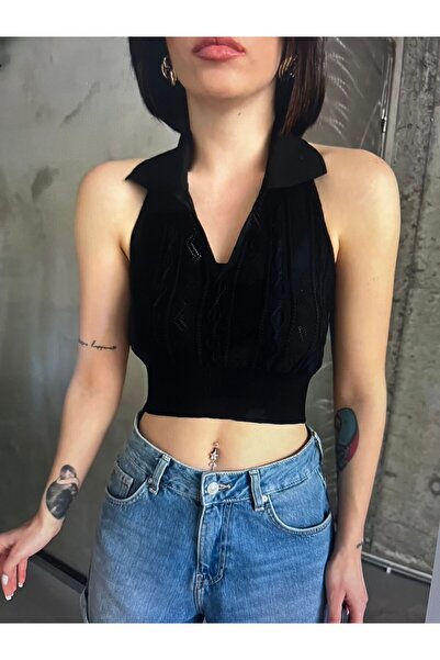 My Fashion Desenli Crop Badi Siyah