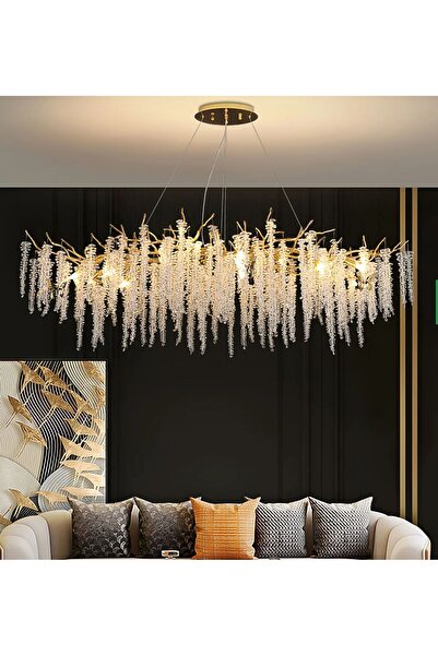 burenze Luxury Exclusive Collection Modern Kristal Taşlı Diamond Pırlanta Gold Sarı Elips Yemek Masası Avize
