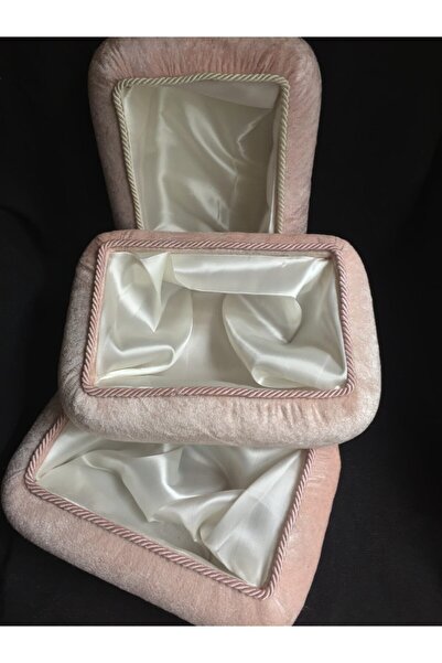 GÜVEN Velvet Engagement Dowry Chest Boxes Towel Holder Set of 3 Powder Pink