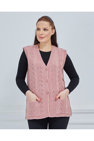 Fresh&Moda Women's V-Neck Chain Knitted Pocket Wool Mother Knitwear Vest