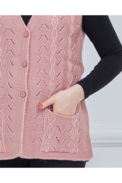 Fresh&Moda Women's V-Neck Chain Knitted Pocket Wool Mother Knitwear Vest