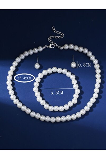 Etique Kadın Yeni Lüx Parlak Inci Kolye Bileklik ve Küpe Takım Seti