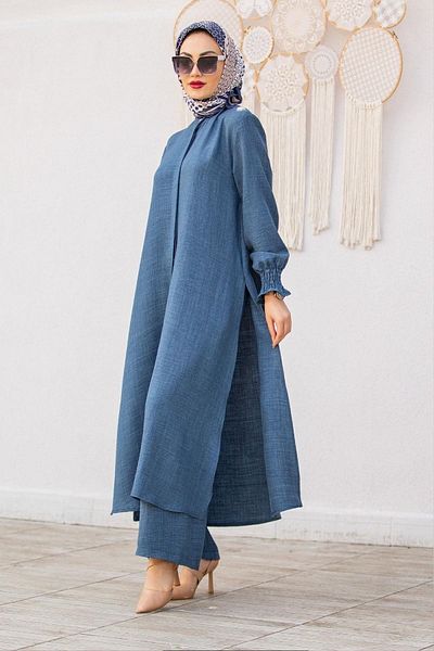 Swana Linen Long Tunic Trousers Set-Blue