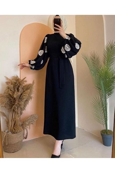 CNG MODA Belted Sleeve Embroidered Hijab Dress - Black-42 - Black