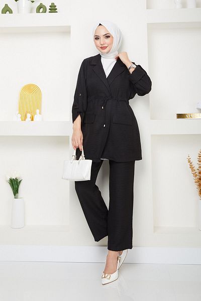 Swana Women's Linen Suit with Tie Waist Jacket and Trousers - Black