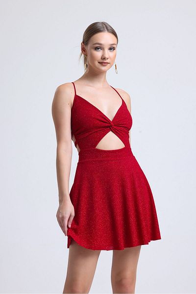 Rosy Live in style Red Back Cross Tie Front V-Cut Flared Skirt Dress