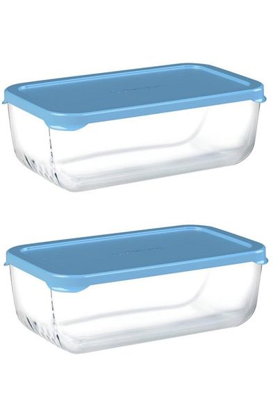 Paşabahçe Glass Storage Container with Lid 2 Pieces Breakfast 1200cc Blue Lid