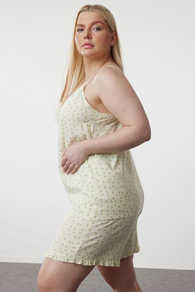 Trendyol Curve V-Neck Ecru Polka Dot Patterned Pajama Set - TBBSS24AI00071