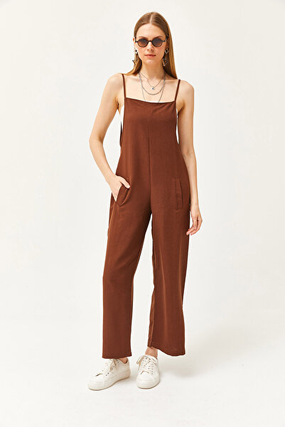 Olalook Dámský hořký hnědý splývavý overal s kapsami na ramínka TLM-19000098