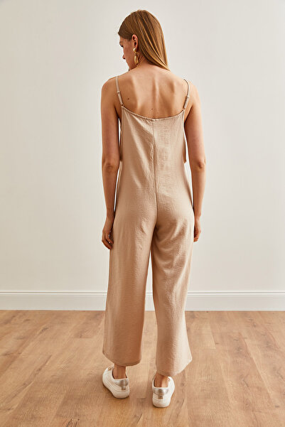 Olalook Women's Beige Pocketed Strappy Loose Flowing Jumpsuit TLM-19000098