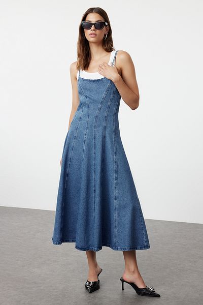 Trendyol Collection Strappy Blue Maxi Denim Dress - Stitching Detail, TWOAW25EL00092
