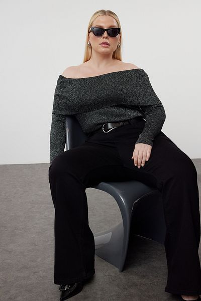 Trendyol Curve Černá třpytivá pletená halenka Carmen se šňůrou - TBBAW25AF00000
