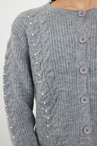 Trendyol Collection Soft Textured Anthracite Knitwear Cardigan - Pearl Detailed, Jacket Look Twoaw25Hi00195