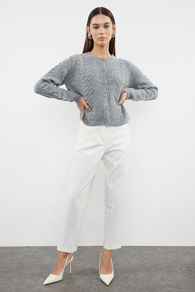 Trendyol Collection Soft Textured Anthracite Knitwear Cardigan - Pearl Detailed, Jacket Look Twoaw25Hi00195