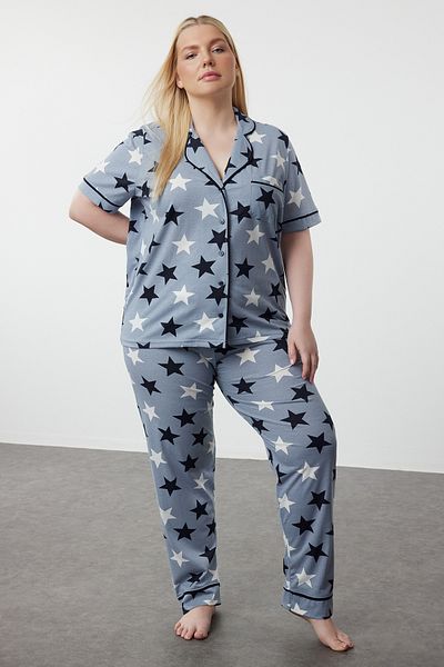Trendyol Curve Blue Star Patterned Shirt Collar Knitted Pajamas Set TBBAW24AI00040