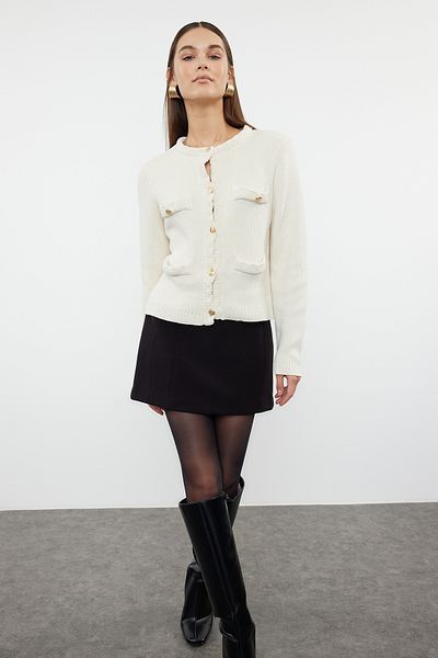 Trendyol Collection Ecru Cotton Knitwear Cardigan - Jacket Look, Twoaw25Hi00129