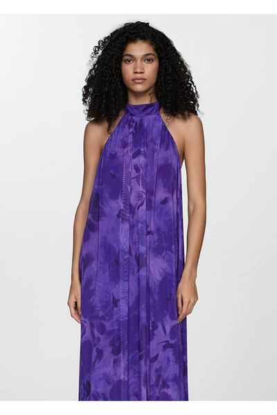 MANGO Woman Rochie lungă cu decolteu cu halter cu imprimeu