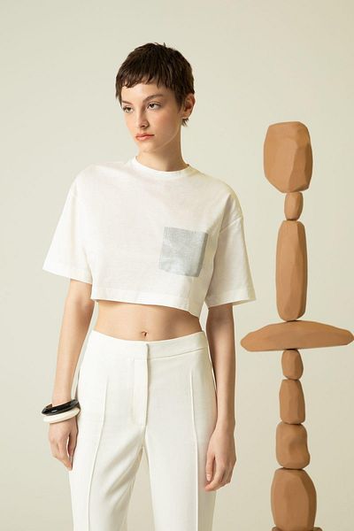 Rue Studio Λευκό Crop Basic T-Shirt