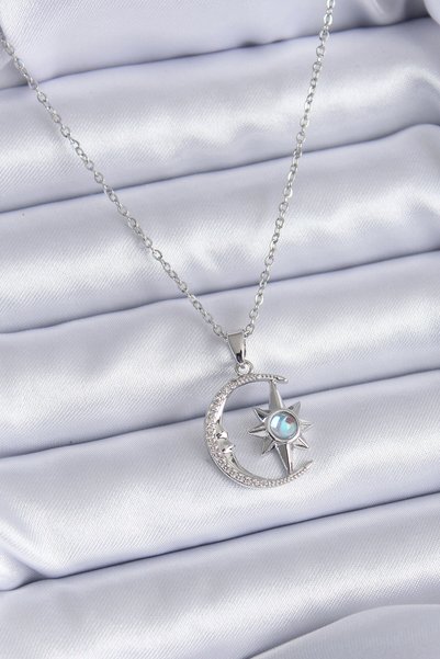 Moka Shopin Moon Star Model Zircon Stone 316l Silver Women's Necklace